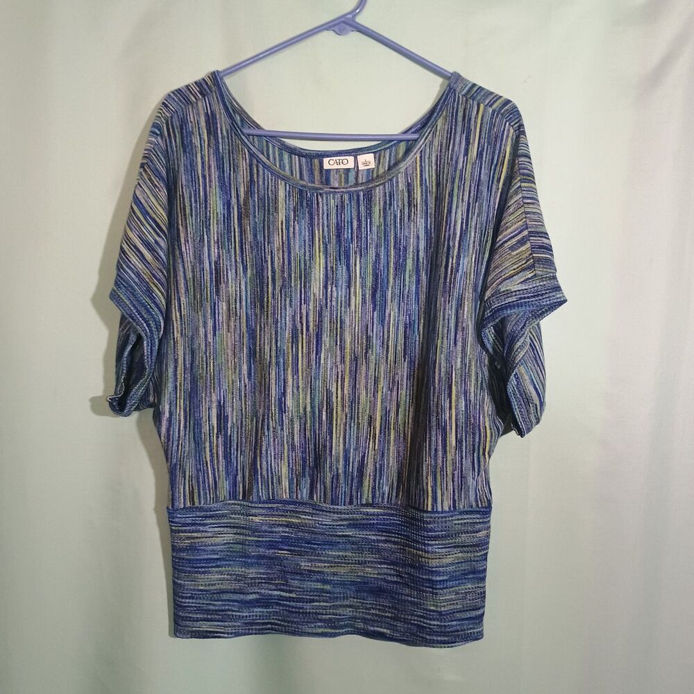 Cato Women’s Blue Multicolor Striped Short Sleeve Knit Top – Scoop Neck